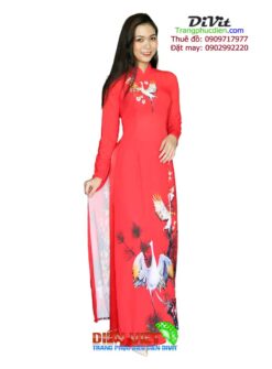 Áo dài nữ đỏ in chim Hạc 3D