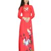 Áo dài nữ đỏ in chim Hạc 3D