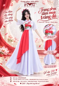Đầm múa trắng đỏ lụa đẹp