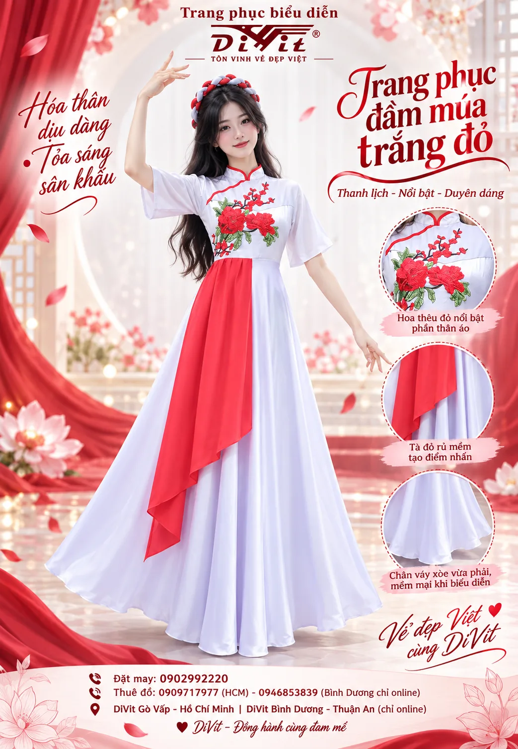 Đầm múa trắng đỏ lụa đẹp