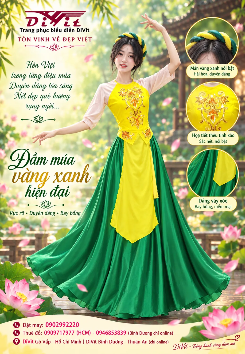 Đầm múa vàng xanh có tay