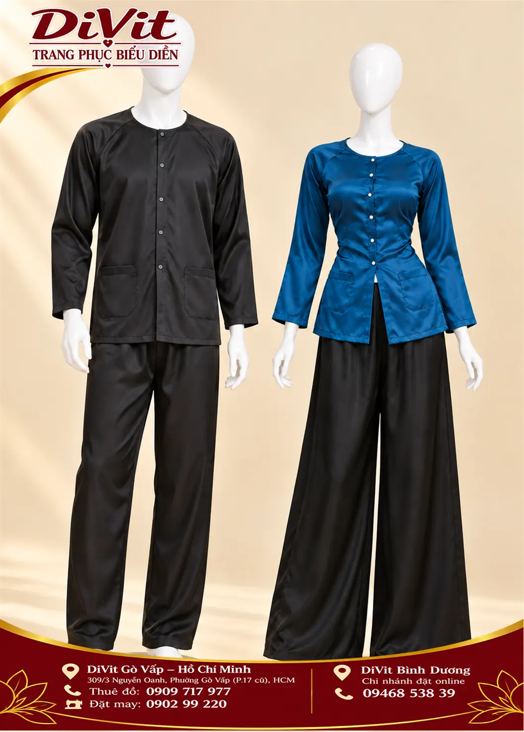 Cặp bà ba Nữ xanh cổ vịt nam đen