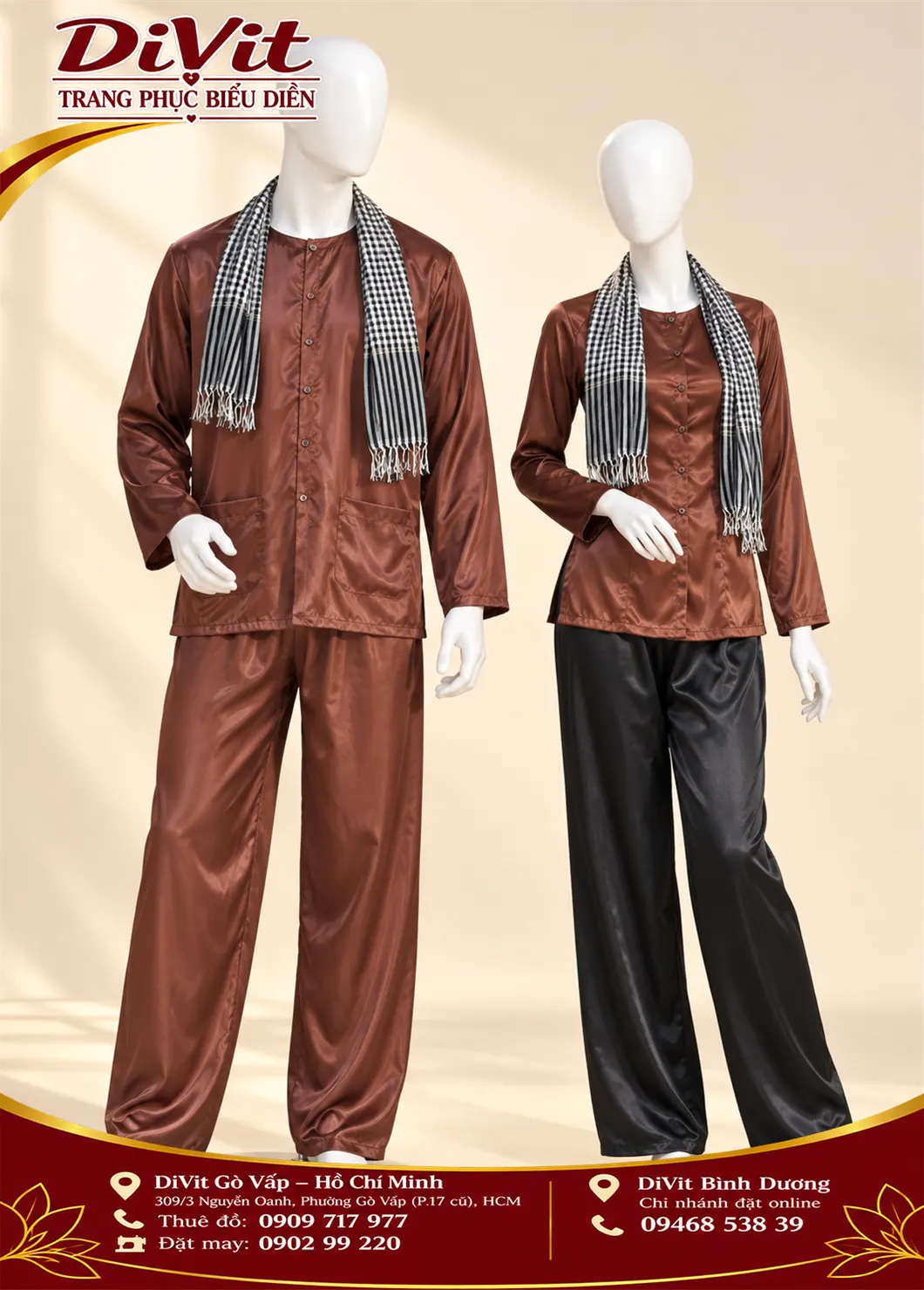 Cặp bà ba nâu phi bóng nam nữ