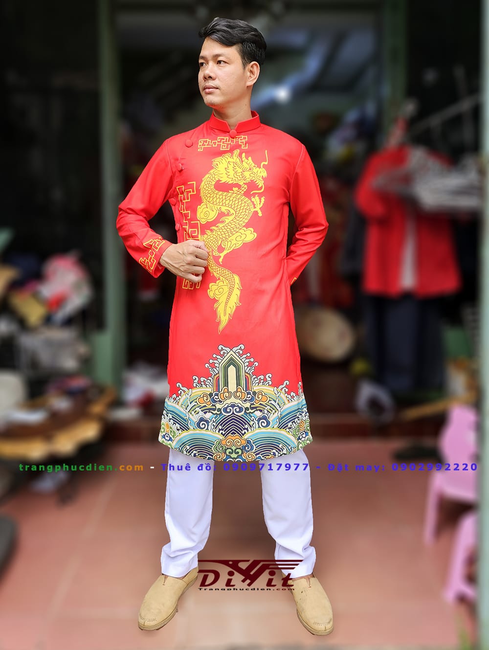 Cho thuê áo dài nam họa tiết rồng