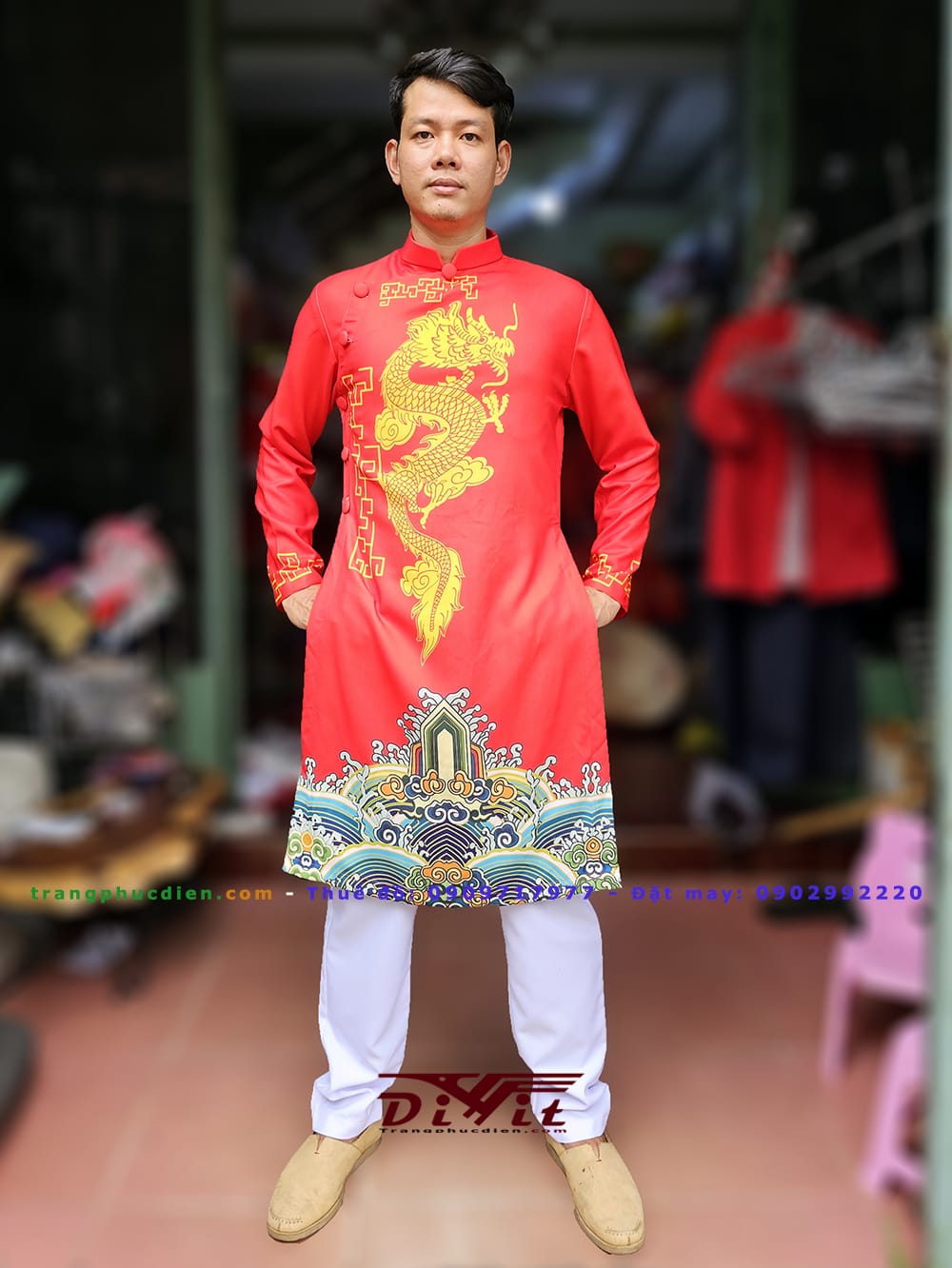 Cho thuê áo dài nam họa tiết rồng