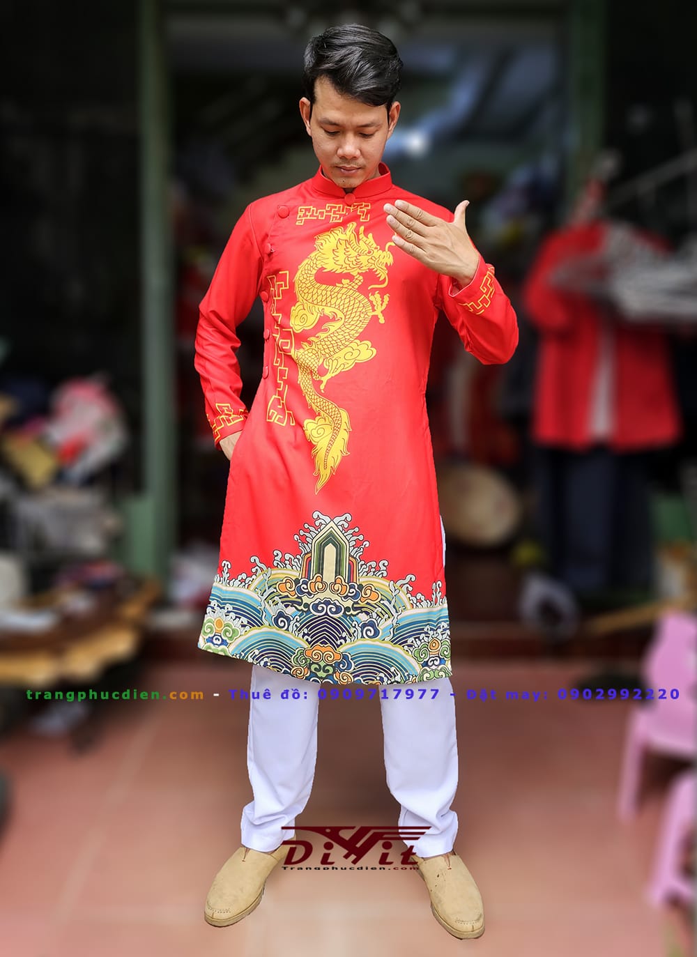 Cho thuê áo dài nam họa tiết rồng
