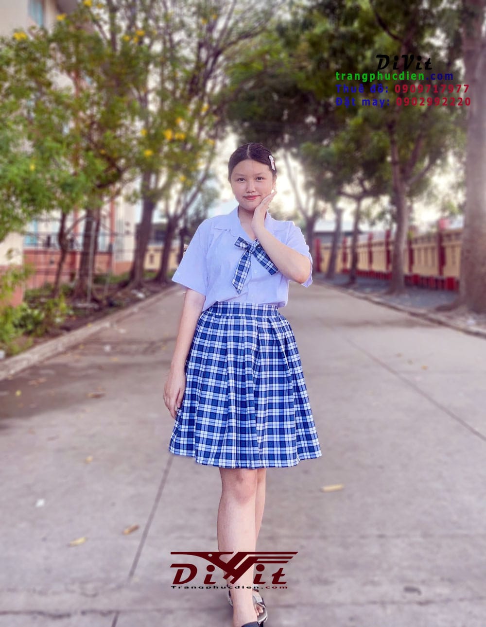 Trang phục nhảy học sinh caro xanh — ảnh 2/4