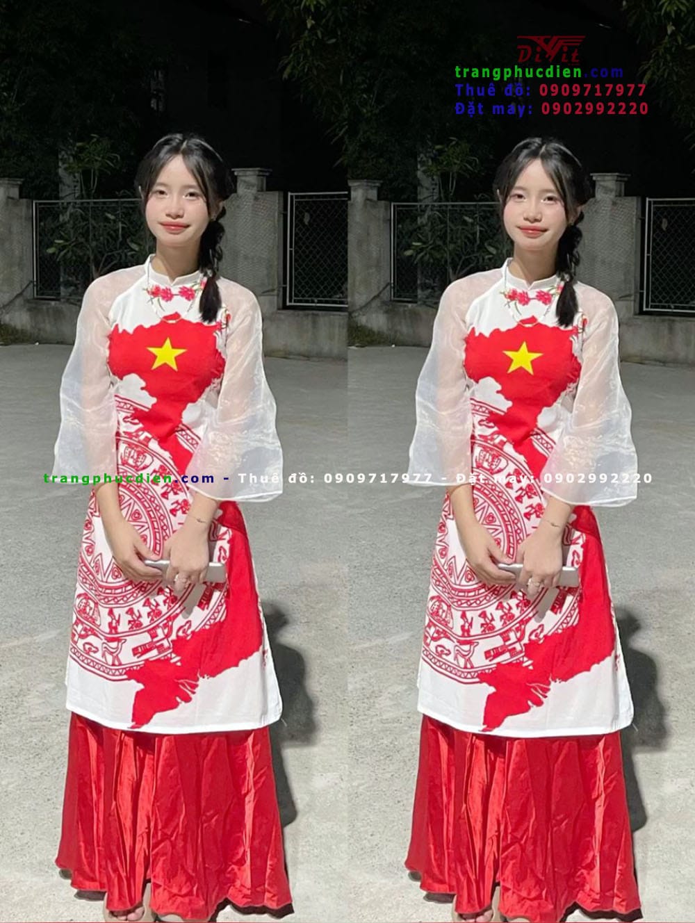 Thuê áo dài in bản đồ trắng đỏ