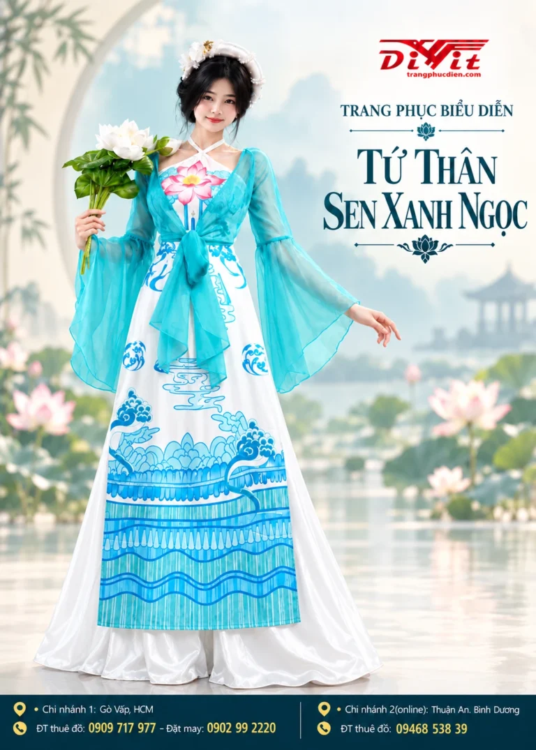 thuê áo tứ thân sen xanh ngọc