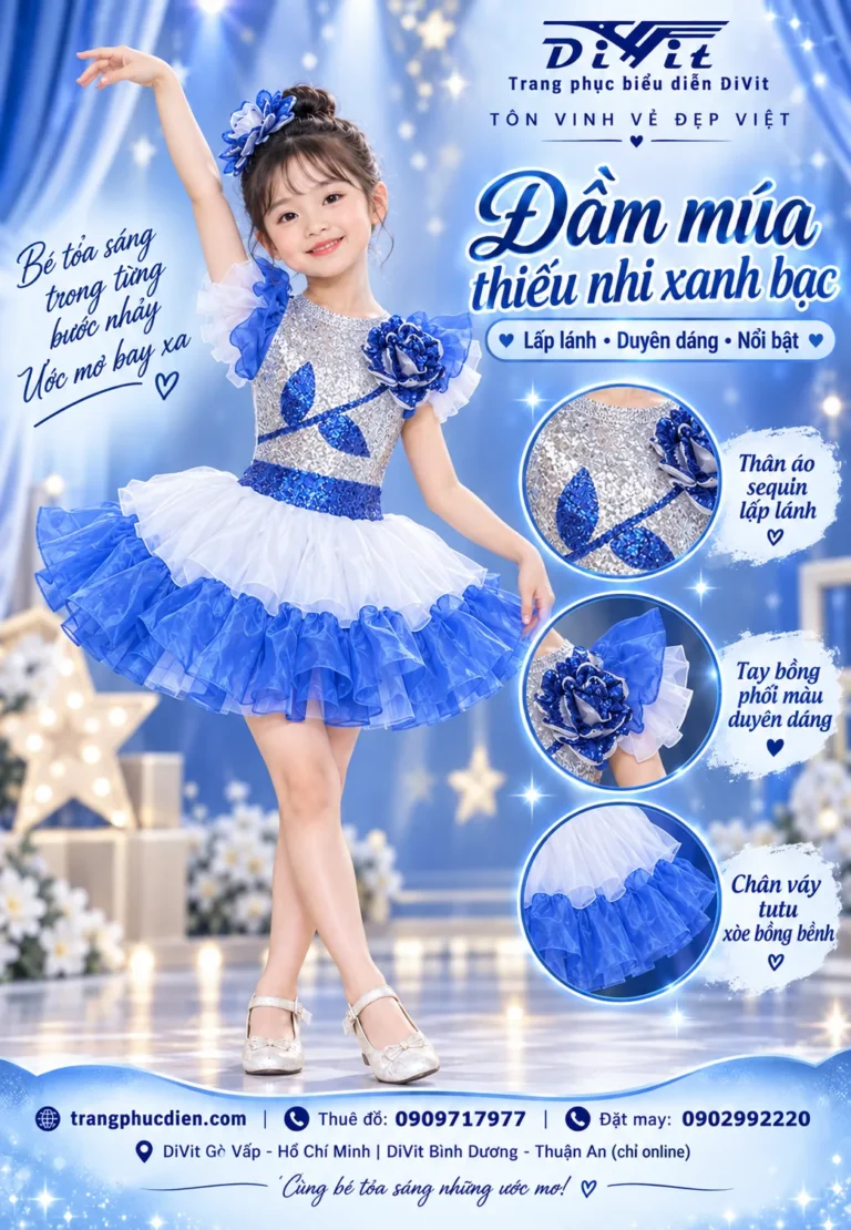 Thuê đầm múa trẻ em trắng xanh dương