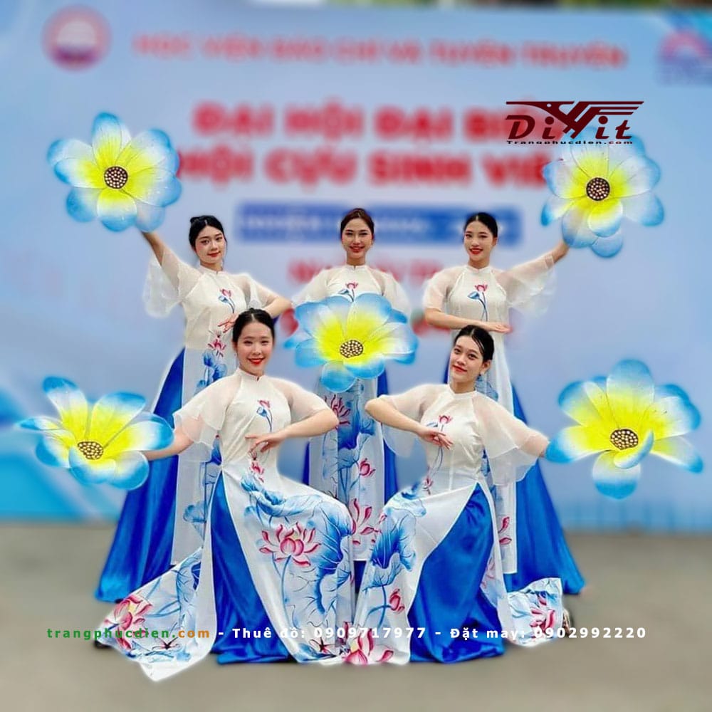 Áo dài trắng hoa sen tay loe