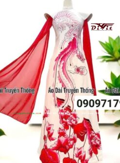 Áo dài nữ trắng đỏ in Phượng Hoàng