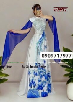 Áo dài trắng xanh in Phượng Hoàng