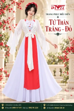 Áo tứ thân trắng phối đầm trắng đỏ