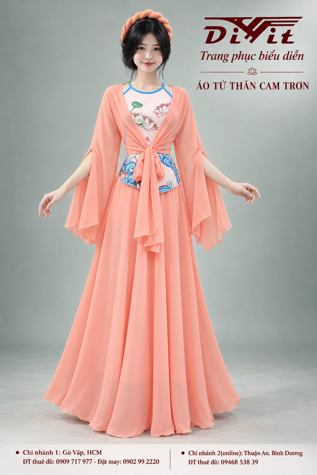 Thuê đồ múa tứ thân nữ cam – mẫu trang phục biểu diễn tại DiVit