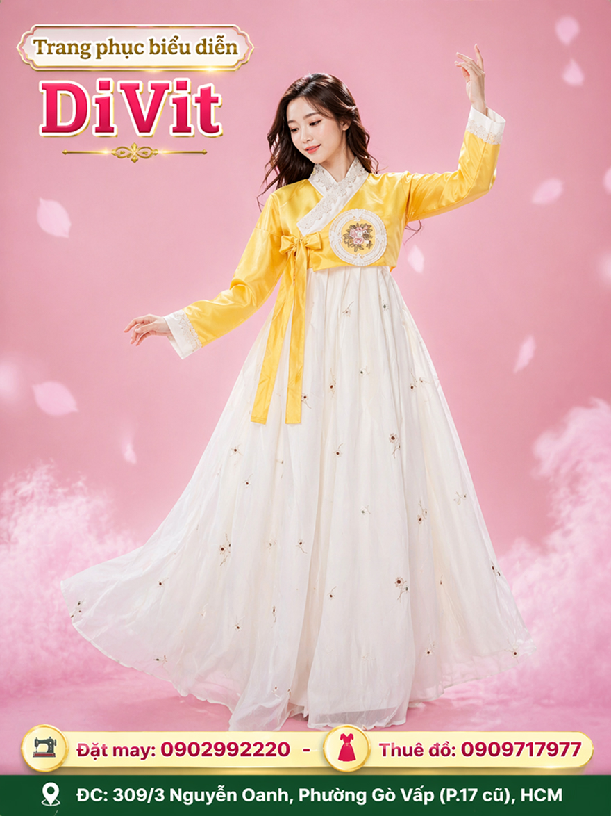 Hanbok nữ Hàn Quốc kem vàng