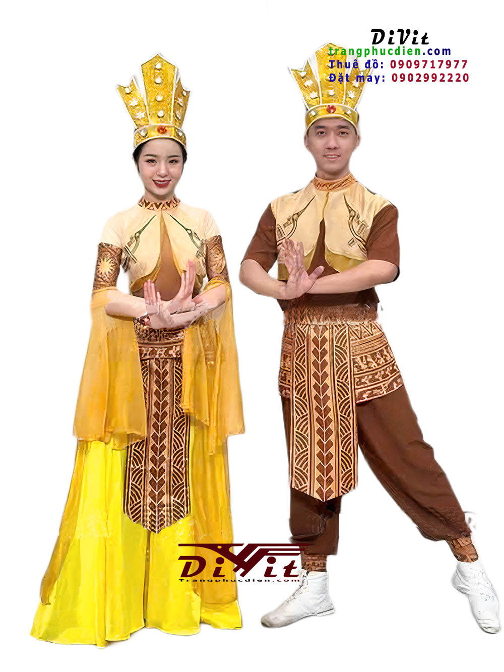Trang phục Âu Lạc nam nữ vàng nâu cho múa đồng diễn