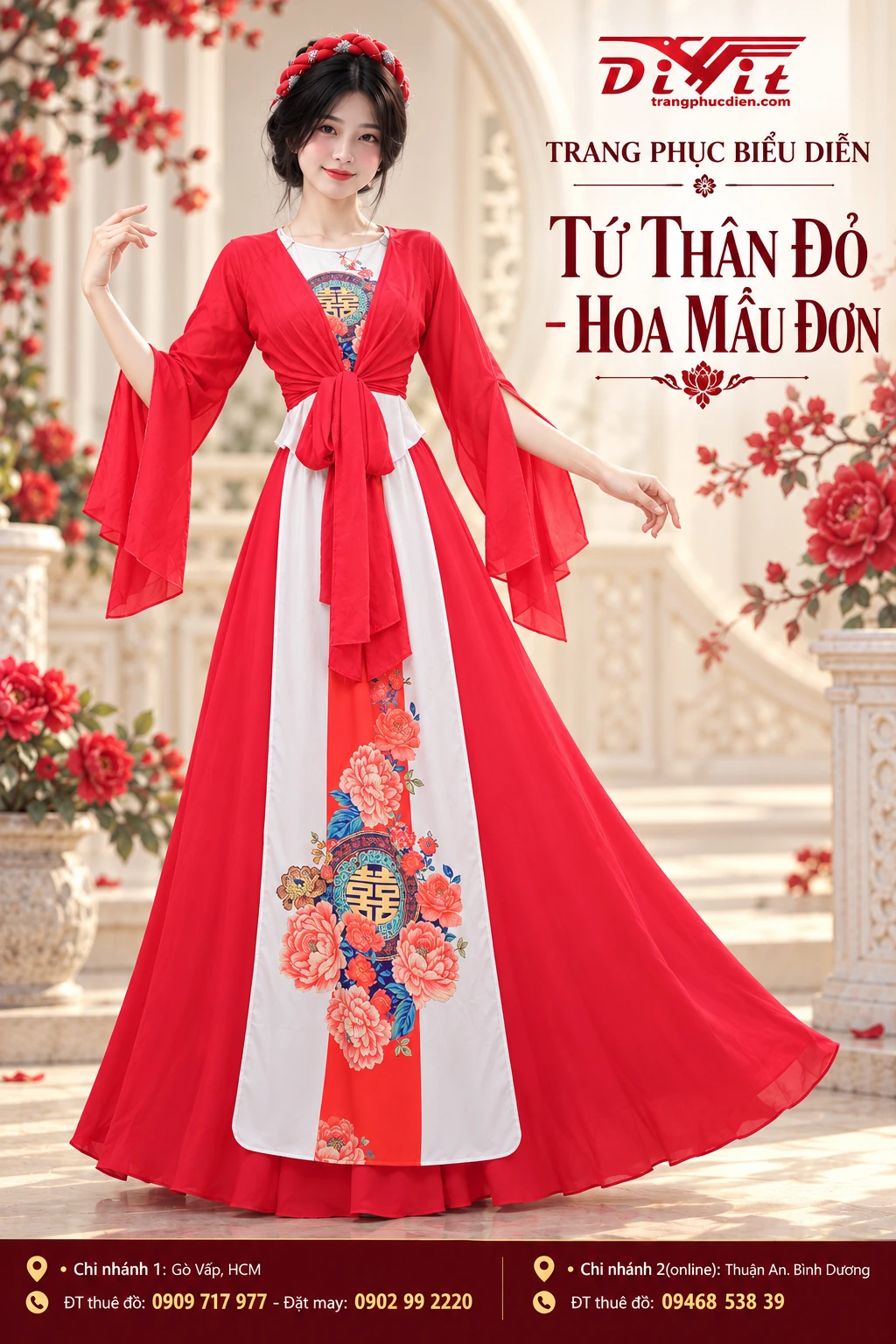 thuê tứ thân nữ họa tiết hoa mẫu đơn