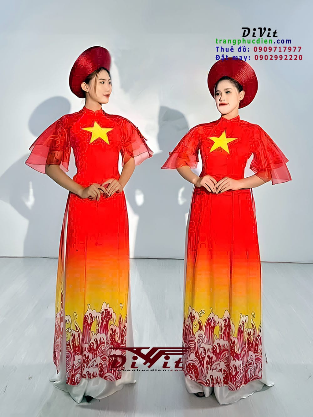 Áo dài đỏ tay phồng