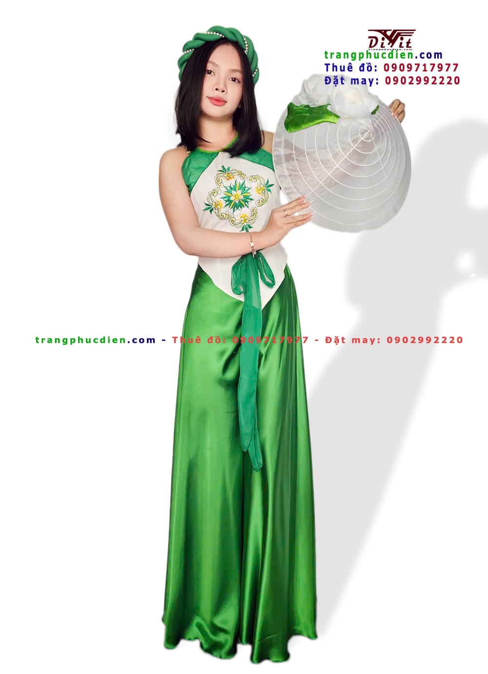 Cho thuê yếm quần ống loe trắng xanh lá