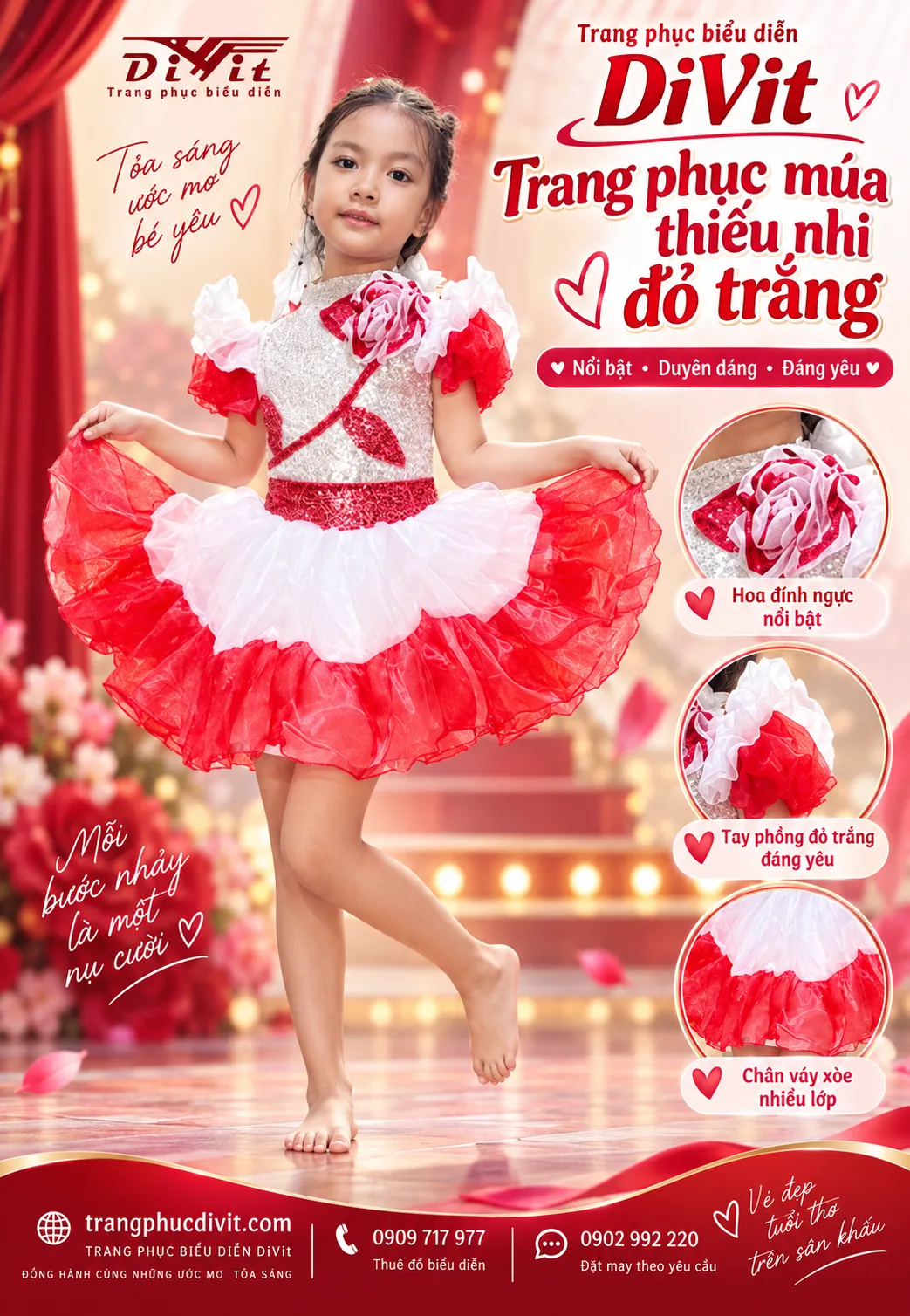 Đầm múa bé gái trắng đỏ