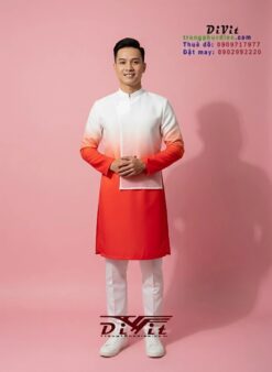 Áo dài cách tân nam loang màu trắng đỏ