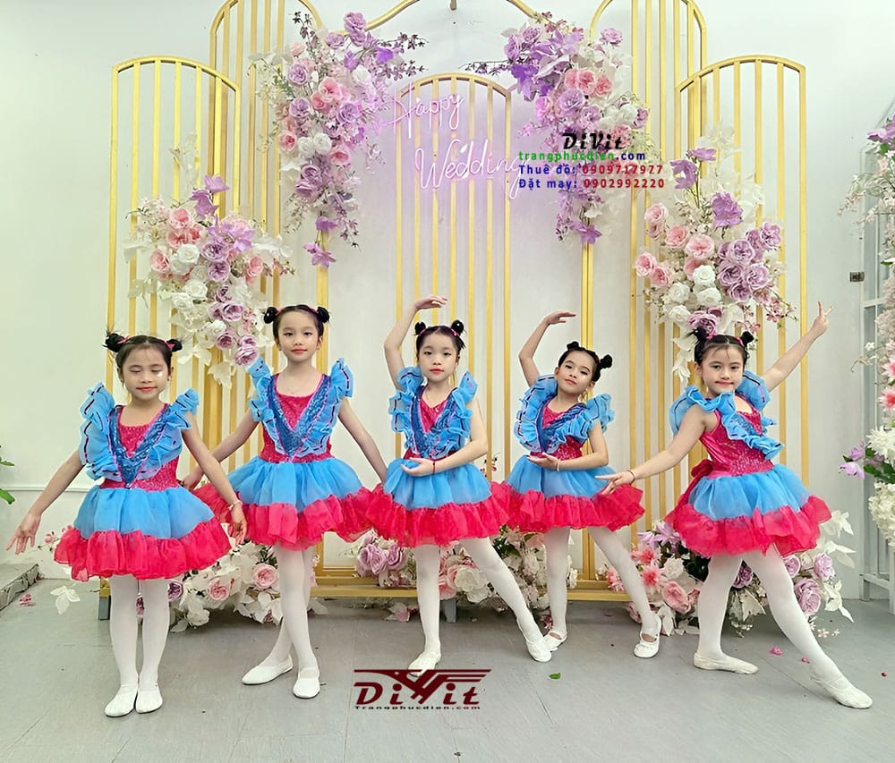 Đầm múa bé gái hồng xanh