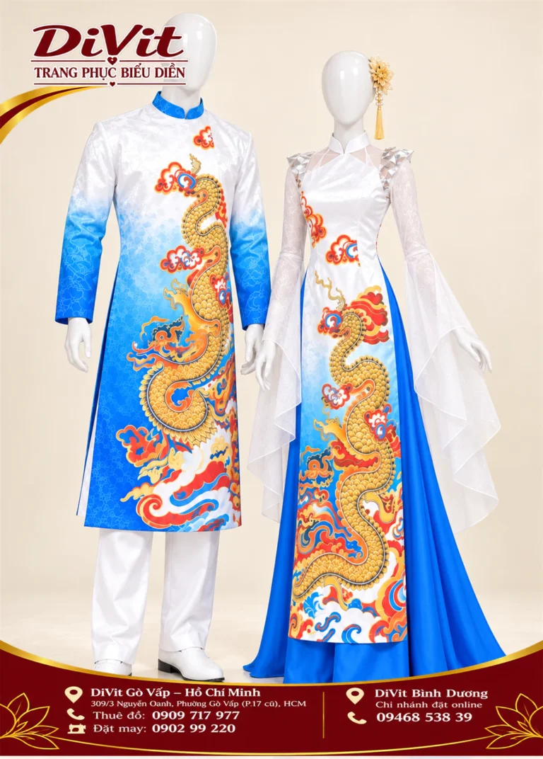 Áo dài cặp in rồng trắng xanh