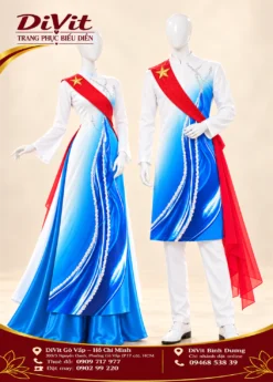Áo dài cặp trắng xanh