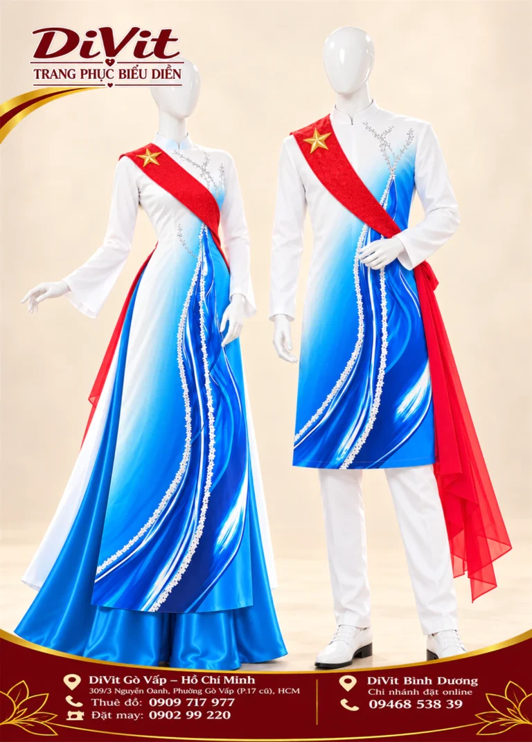 Áo dài cặp trắng xanh
