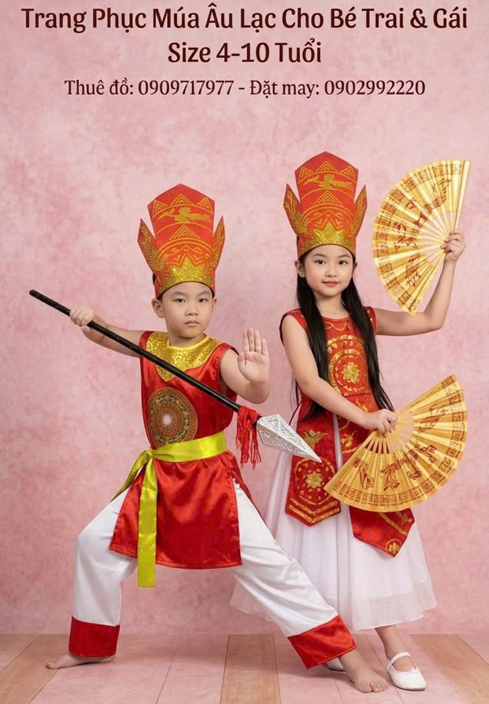 Trang phục múa võ Âu Lạc trẻ em đỏ trắng họa tiết trống đồng