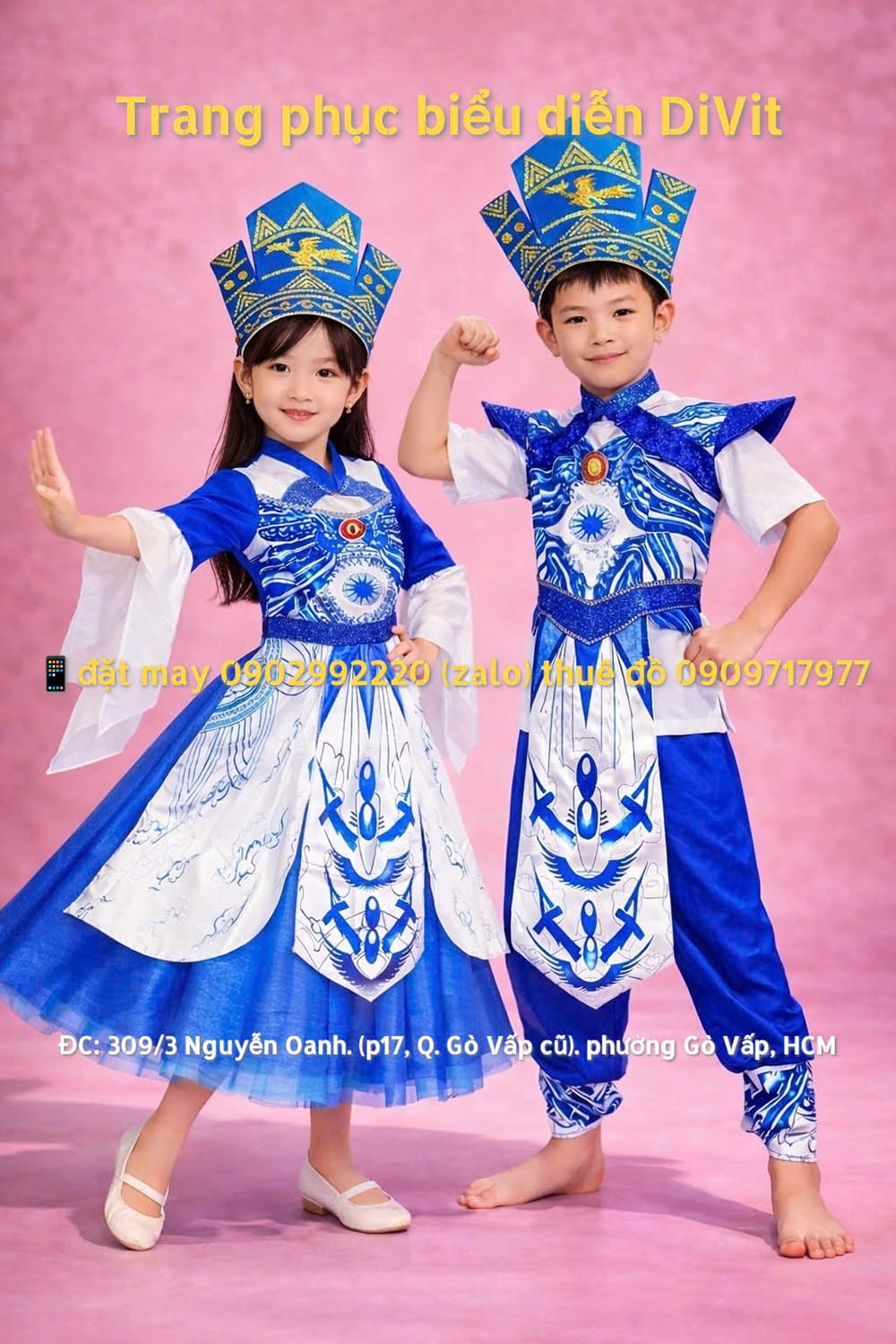 Trang phục múa cặp Âu Lạc cho bé tông xanh