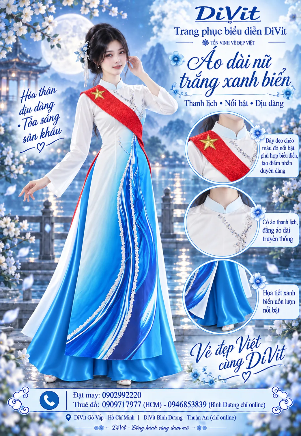Áo dài nữ trắng xanh biển