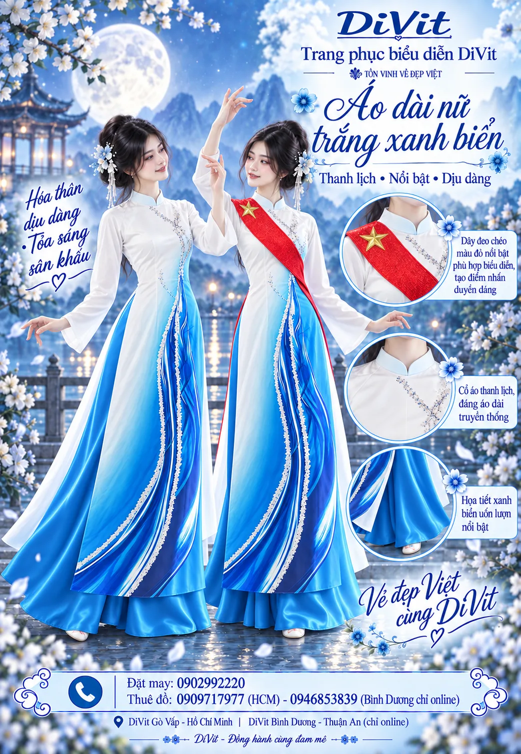 Áo dài nữ trắng xanh biển
