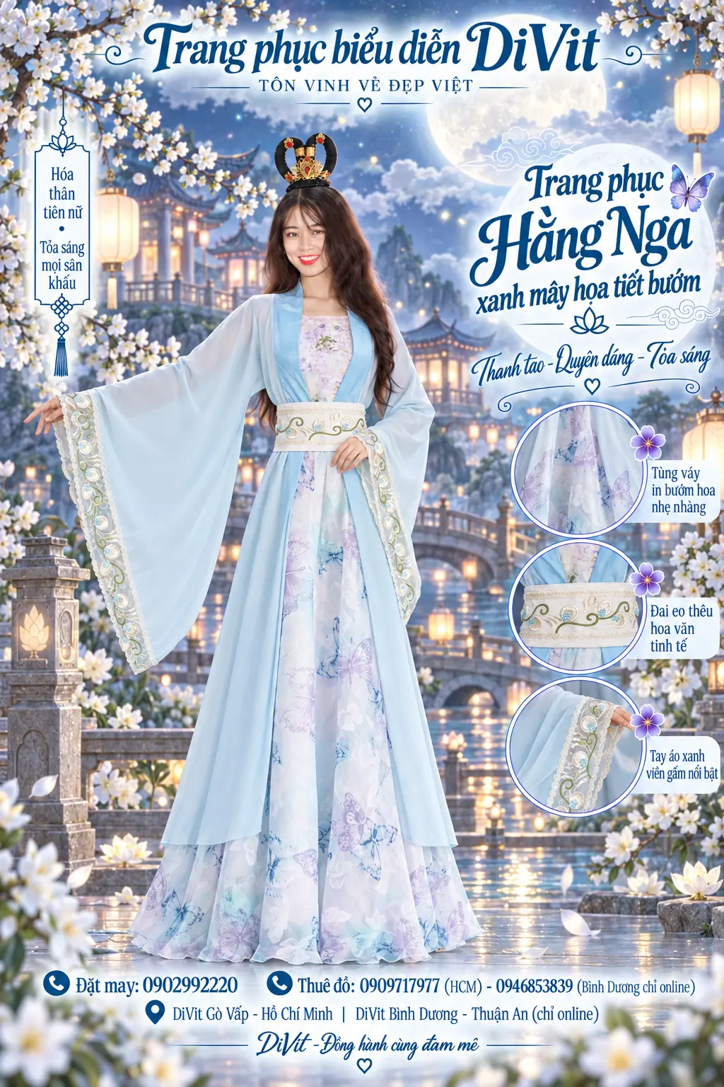 Trang phục Hằng Nga xanh nhạt phối bướm tím