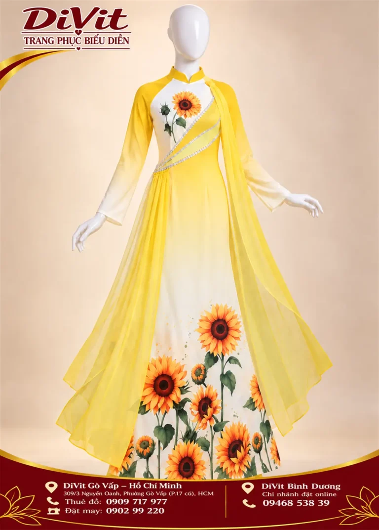 Áo dài in hoa hướng dương vàng