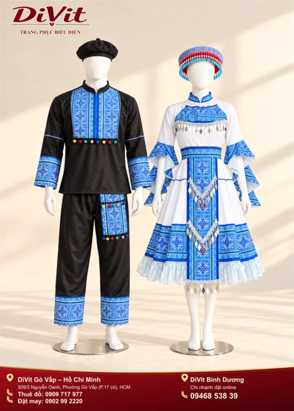 Cặp trang phục dân tộc Hmong đen xanh trắng xanh