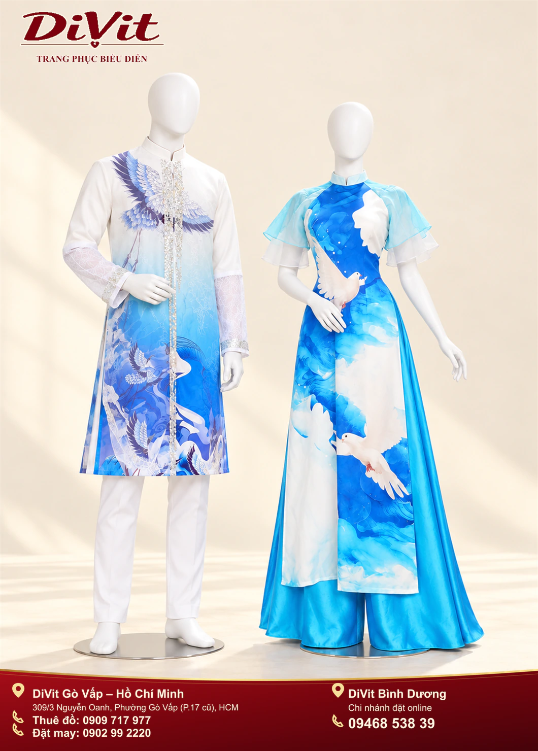 Cặp áo dài nam nữ chim bồ câu hòa bình