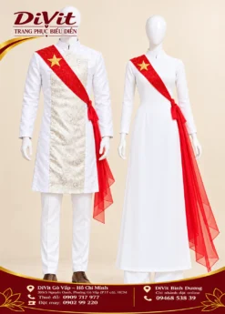 Áo dài cặp trắng đeo chéo đỏ ngôi sao