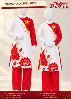 Cặp áo dài múa Việt Nam trẻ em đỏ trắng