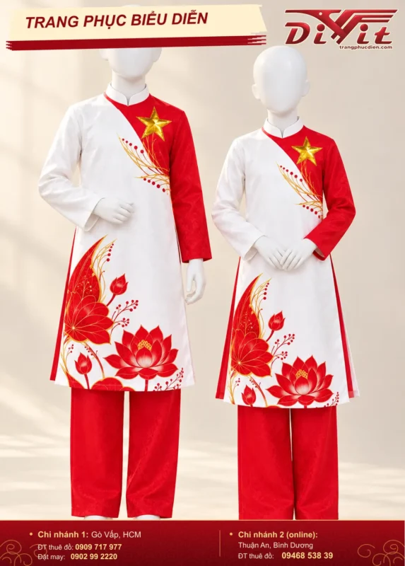 Cặp áo dài múa Việt Nam trẻ em đỏ trắng