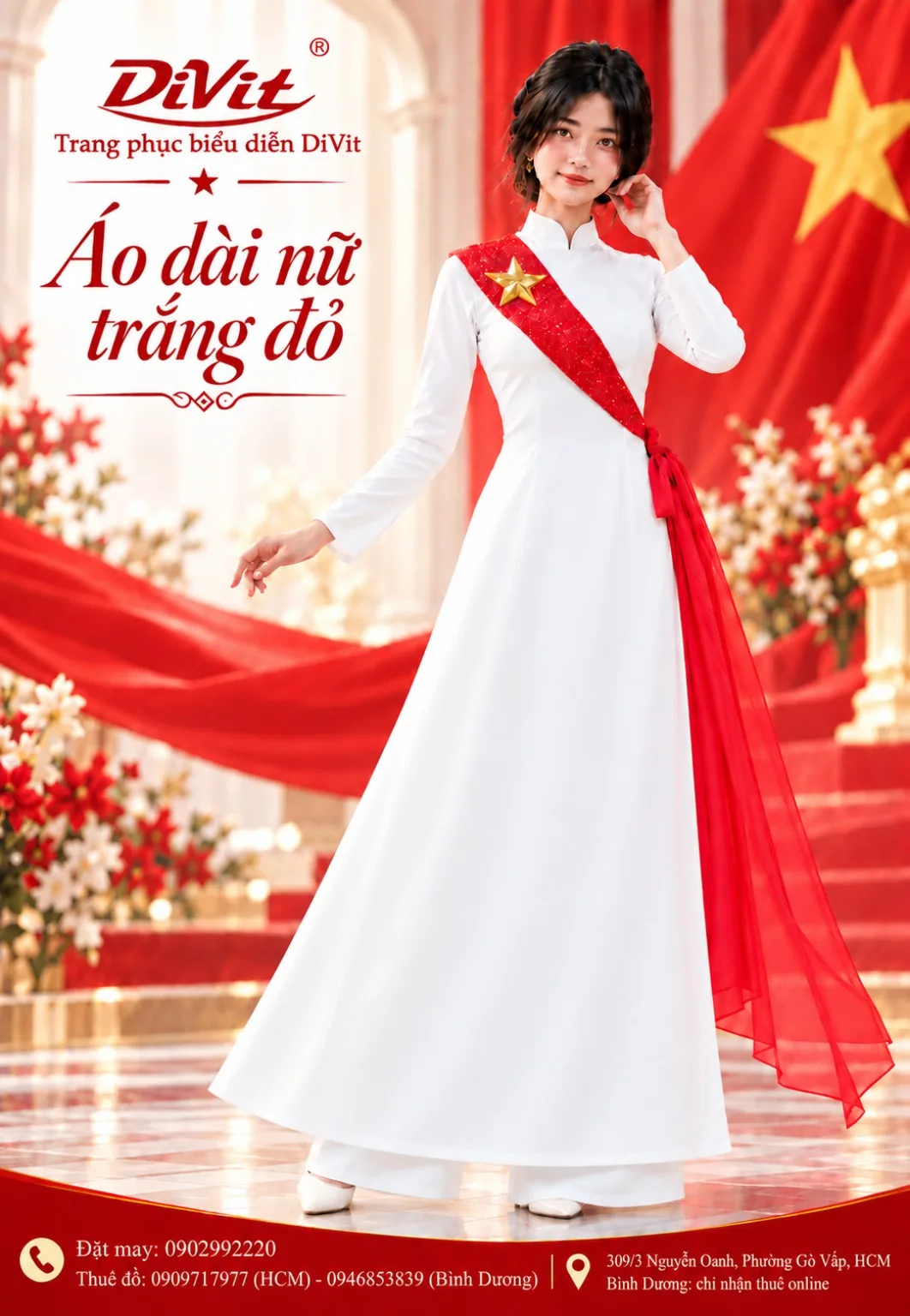 Áo dài cặp trắng đeo chéo đỏ ngôi sao