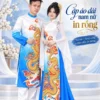 Áo dài cặp in rồng trắng xanh