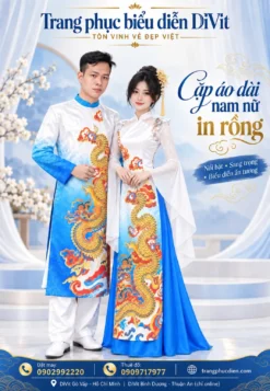 Áo dài cặp in rồng trắng xanh