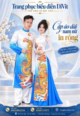 Áo dài cặp in rồng trắng xanh