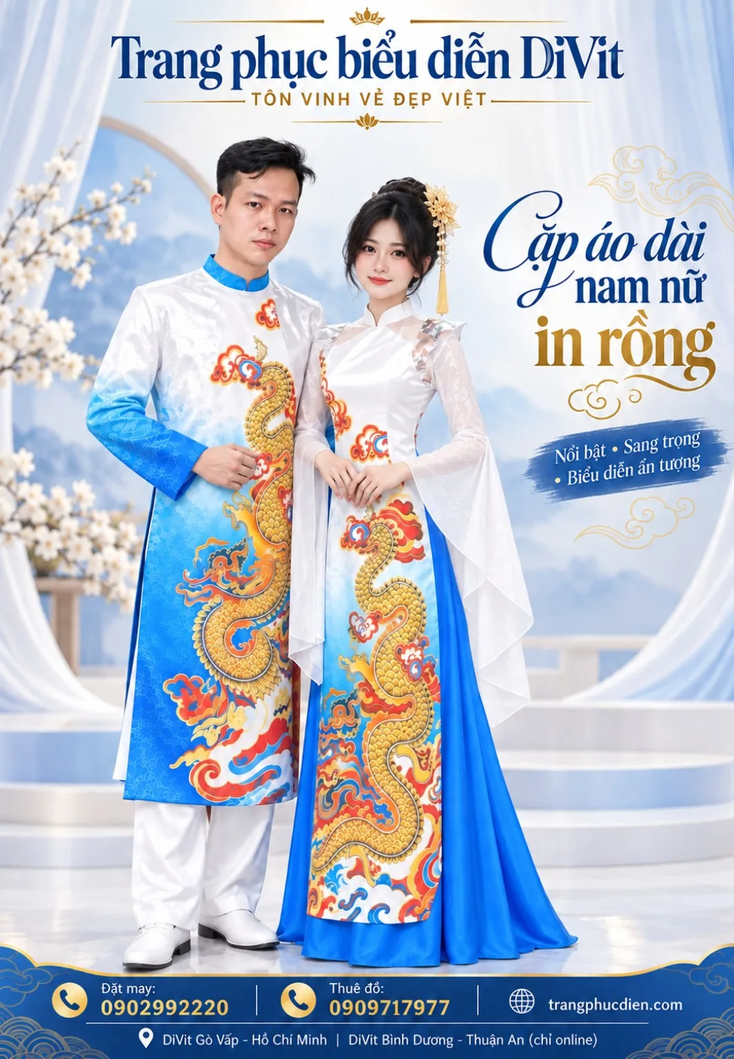 Áo dài cặp in rồng trắng xanh