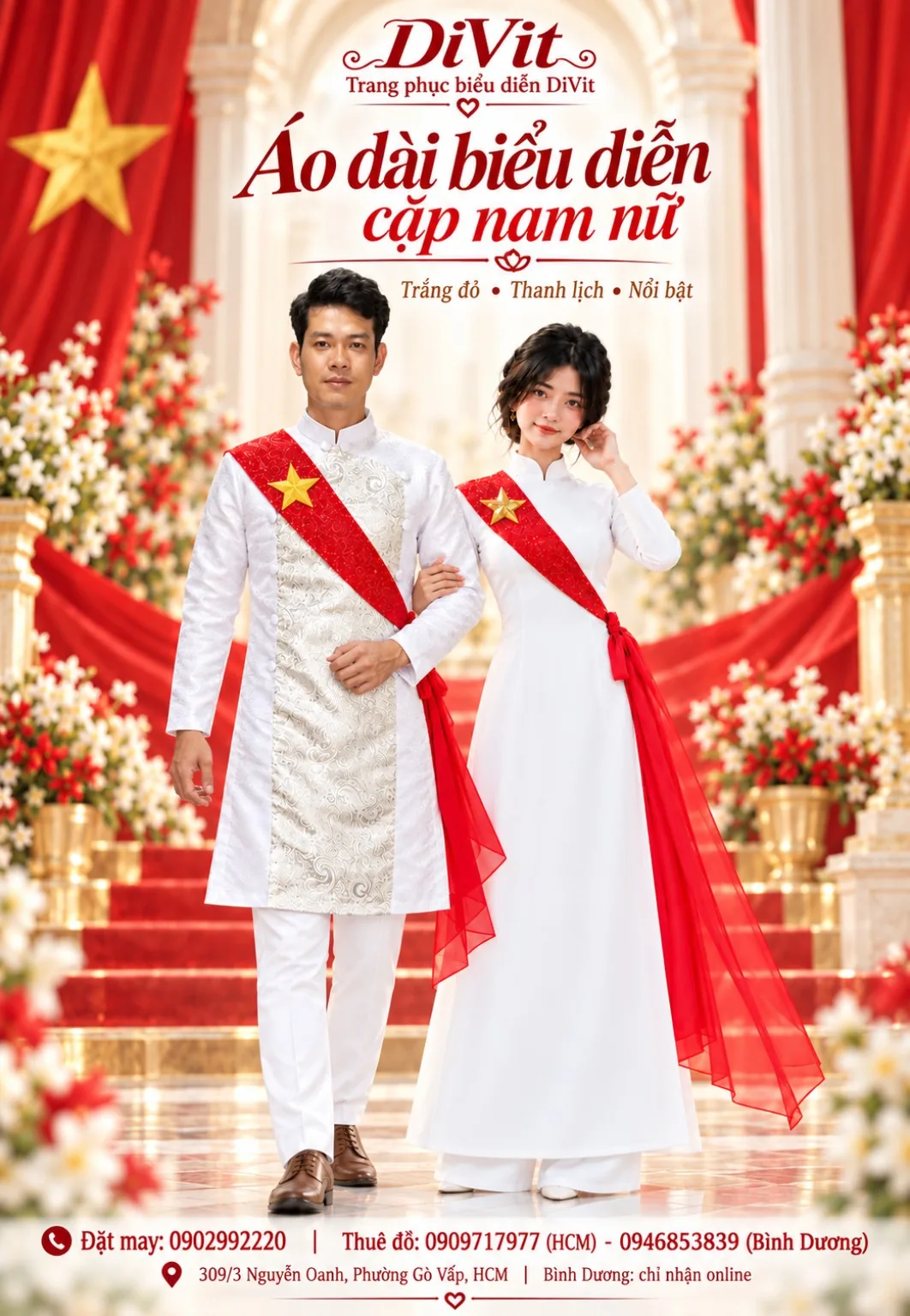 Áo dài cặp trắng đeo chéo đỏ ngôi sao
